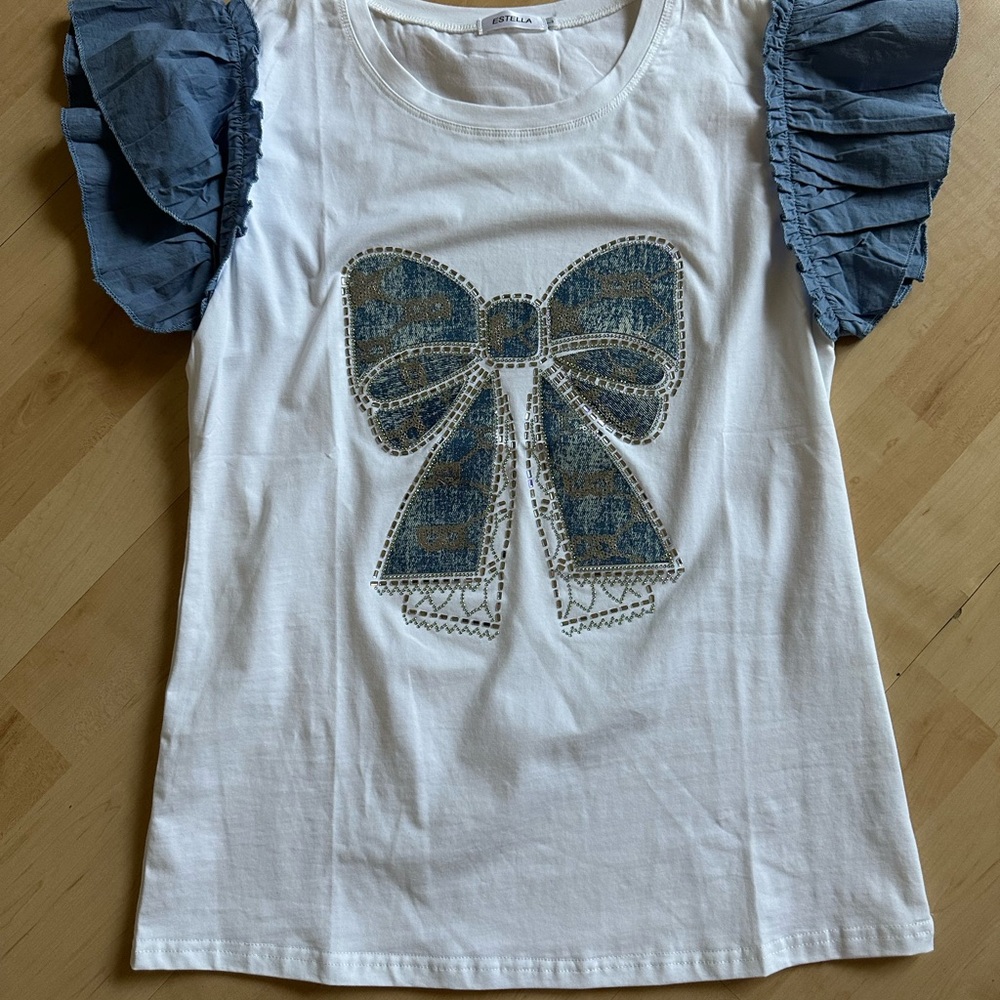 Girls' White and Blue Ruffle Sleeve Top